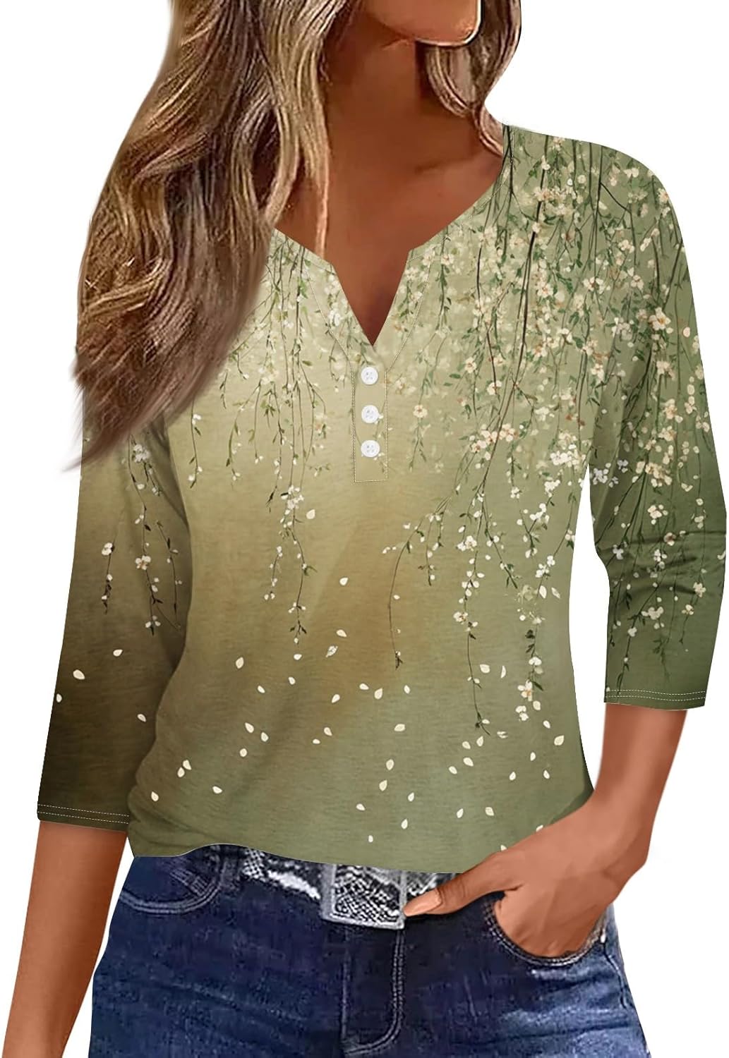 3/4 Length Sleeve Womens Tops 2025 Spring Casual Loose Fit Henley Neck