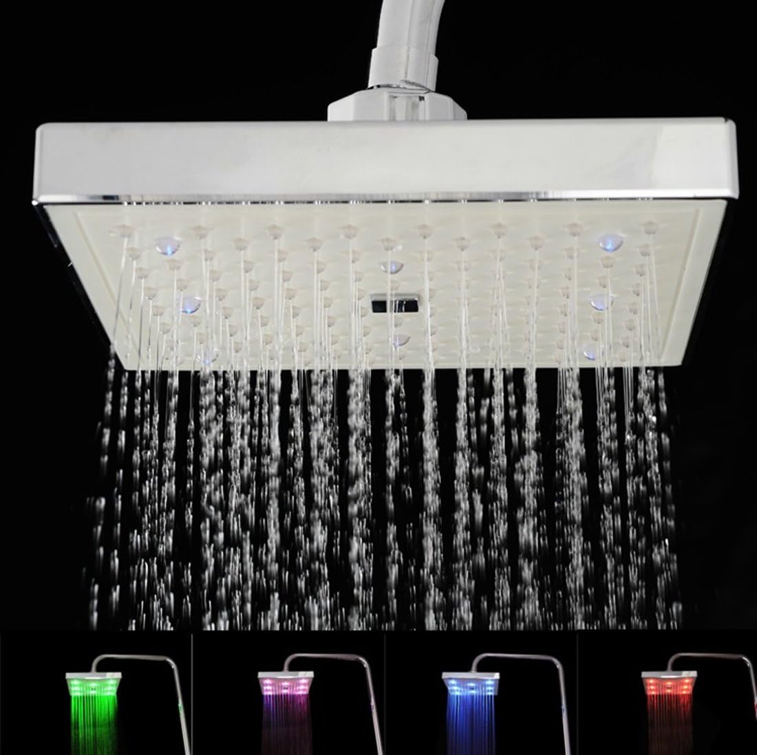 Christmas Sales! Square 8 Inch 7 Color LED Lights Romantic Rain Waterfall Raindance Chrome Bathroom Hotel Spa Bath Fun Two Person Rainfall Exotic Big Oversized Sprite Giant Luxury Hotal Spa Sex Glow Showerhead Shower Head Heads BA1001D