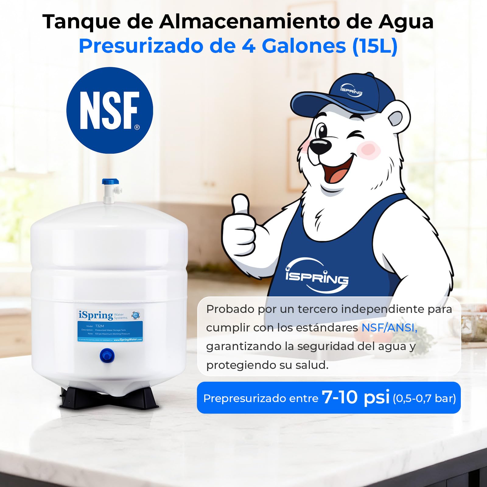 iSpring T32M Depósito de Almacenamiento de Agua para Sistema de Filtración de Ósmosis Inversa, 3.2 Galones (12 L), Tanque de Presión de Metal de Alta Resistencia, Conexión de 1/4", con Válvula de Bola