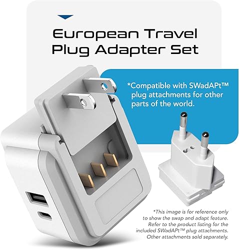 Miniatura 5 de Ceptics Juego de adaptadores de viaje de enchufe europeo, PD y QC, USB dual seguro y USB-C - 2 enchufes de EE. UU. - Compacto - Uso en Alemania,