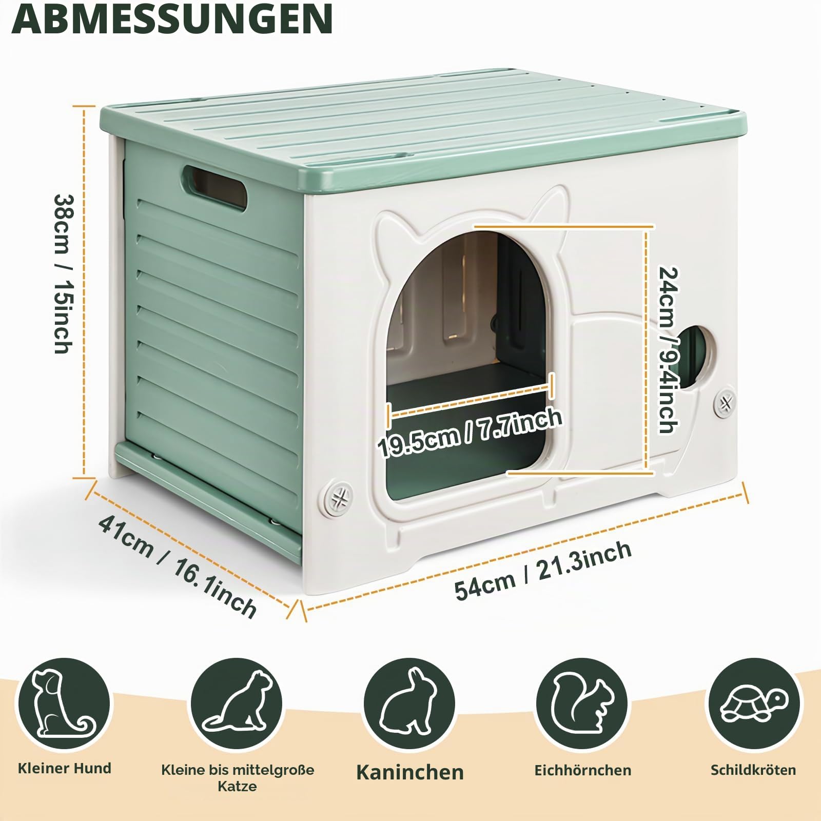 Katzenhaus Höhle für Innen- und Außenbereiche, stapelbare Frettchen-Wasserdicht-Schutzhütte isoliert erhöht mit Katzenkörbematte Grün