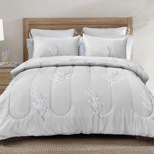 Exclusivo Mezcla 7.5 Tog Double Size Duvet Set with 2 Pillowcases, Reversible Coverless Duvet All Seasons with Flower Pattern, Lightweight and Machine Washable, Grey