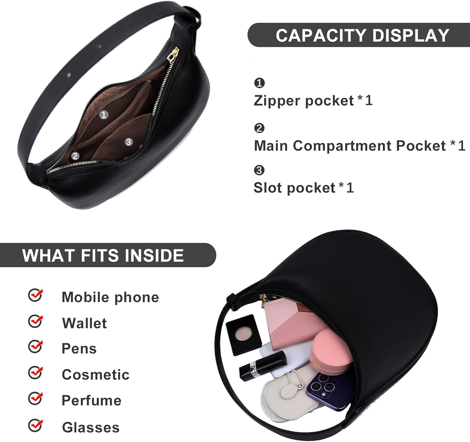 Cute shoulder bag Hobo Purses PU Leather Handbag moon bag Adjustable CrossBody Bag with Zipper-white