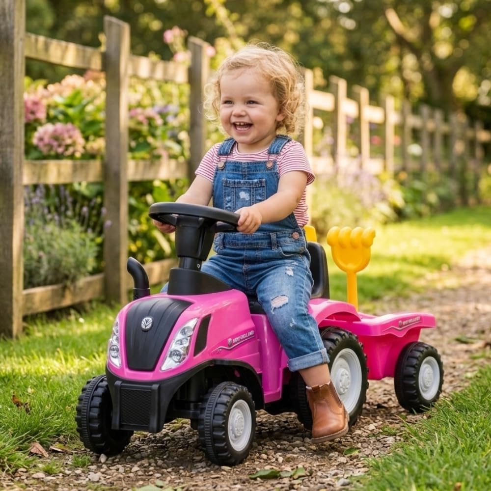 Bandits & Angels Bobbycar Rutschauto New Holland Traktor mit Anhänger ab 1 Jahr – mit funktionierenden Scheinwerfern – Kinderfahrzeug blau – Bobbycar für Jungen – New Holland (Rosa)