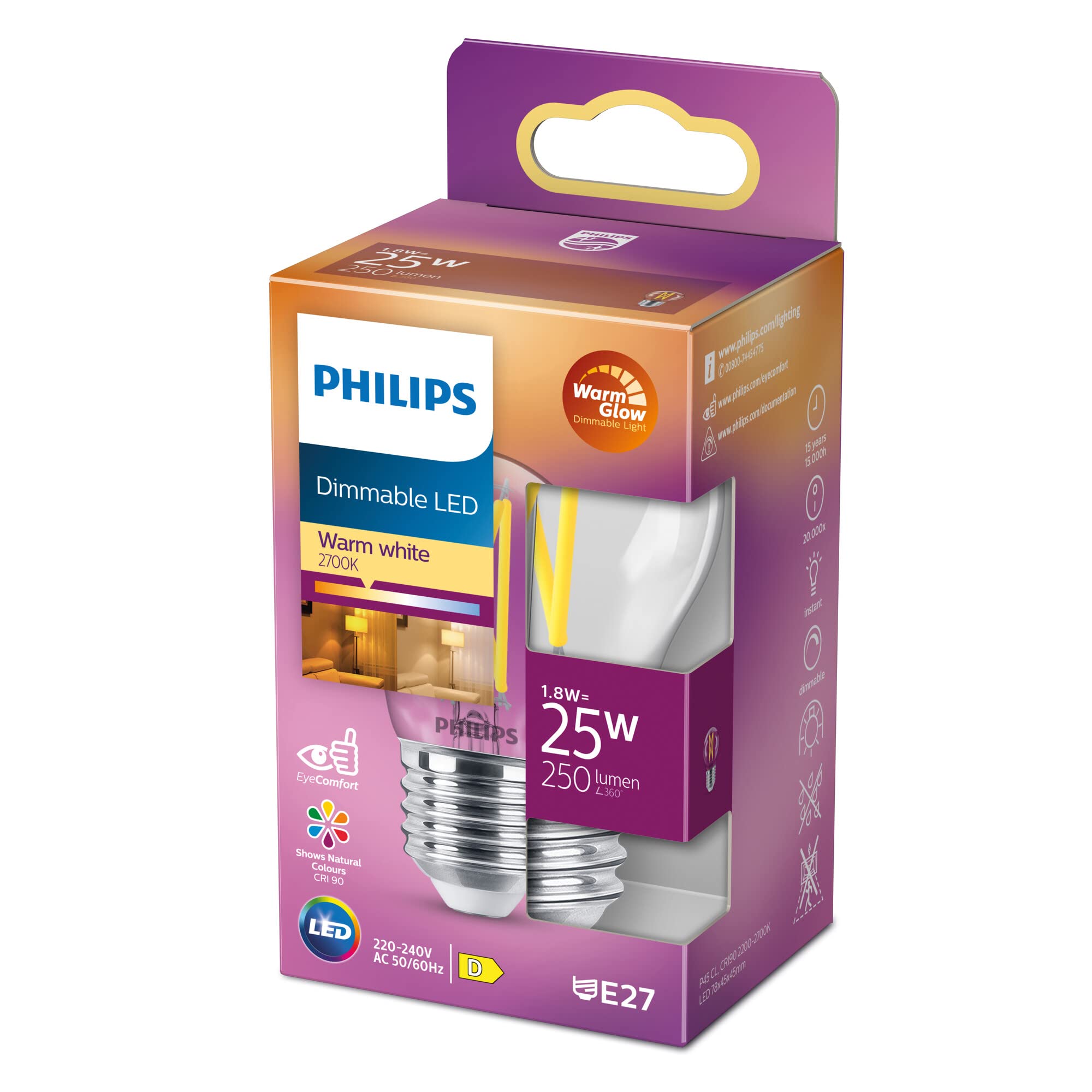 Philips LED Classic E27 WarmGlow Lampe, 25 W, Tropfenform, dimmbar, klar, warmweiß