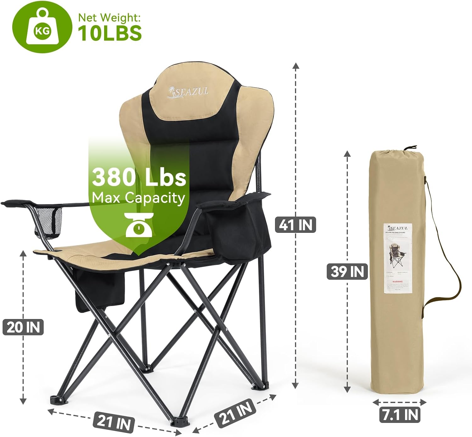 Camping Chairs for Adults, Heavy Duty Camping Chairs 2 Pack, Folding Chairs for Outside, Support 380 LBS, Portable Travel Outdoor Camp Chair with Cup Holder & Cooler Bag, Sports Chairs, Khaki