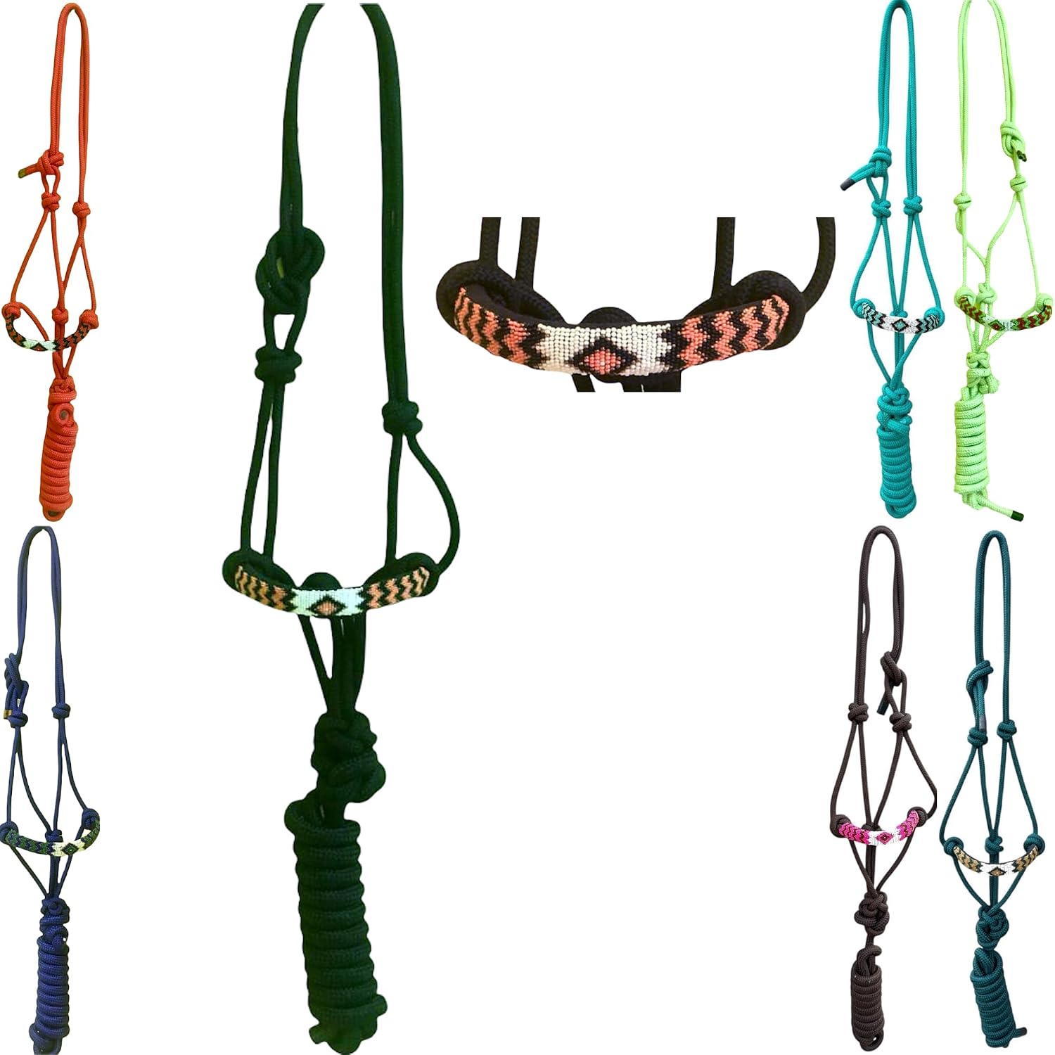 Majestic Ally Padded Beaded Nose Braided Rope Halter with 10' Matching Lead - Full (Black)