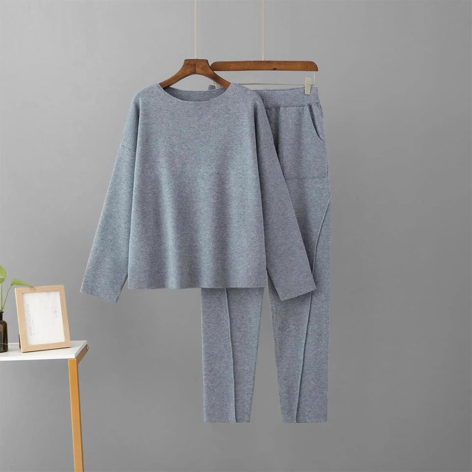 Women’s Knit 2 Piece Set O Neck Pullover Sweater Top with High Waist Harem Pants Casual Cozy Lounge Outfit