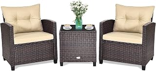 GIANTEX Conjunto de Muebles de Jardín, 3 Piezas de Ratán para Exterior, 2 Sillones con Cojines y 1 Mesa de Panel de Vidrio, Mesa y Silla para Terraza, Jardín, Patio (Marrón Oscuro)