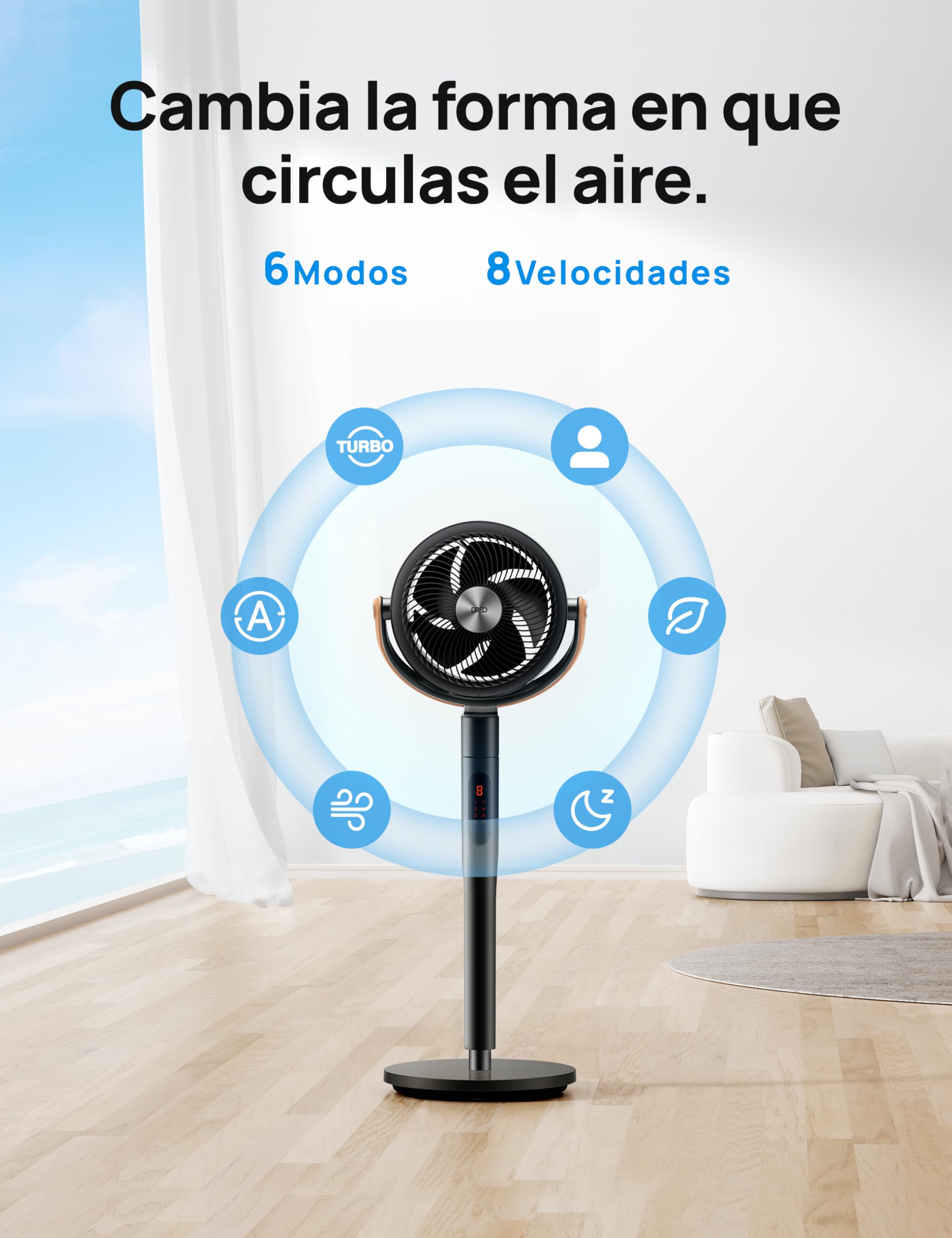 Dreo Smart Ventilador de Pie Silencioso 25dB, 30M de Viento, 1650m³/h Volumen de Aire, Turbo Circulador, Ventiladores Potentes con Mando, 6 Modos, 8 Velocidades, Oscilación Omnidireccional 120°+105°
