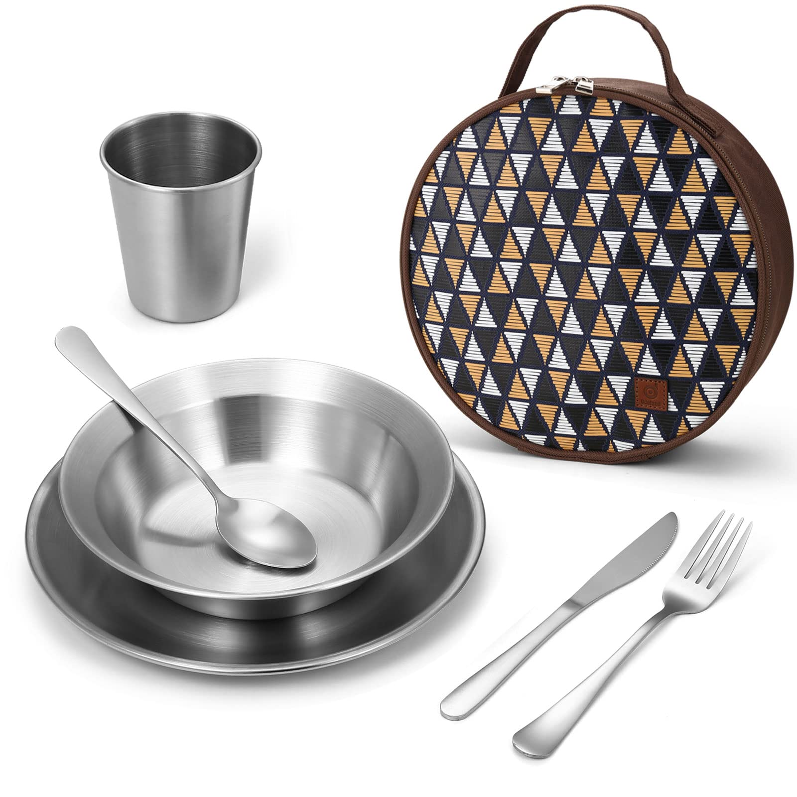 Odoland Cutlery Kit Stainless Steel Camping Tableware for 1 Person | Camping Cutlery Set Kitchen Utensils with Plates, Bowls, Cups, Cutlery and Bag for Camping Picnic