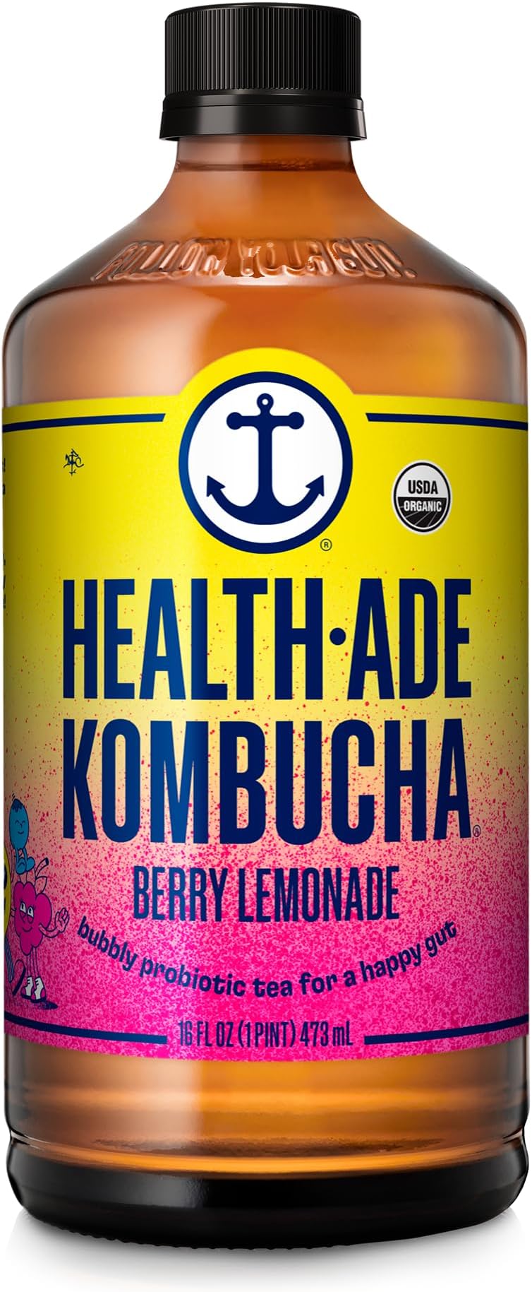 Health-Ade Kombucha Tea Organic Drink, Fermented Tea with Living Probiotics, Detoxifying Acids, Supports Gut Health, Non-GMO, Vegan, Gluten Free, 12 Pack (16 Fl Oz Bottles), Berry Lemonade