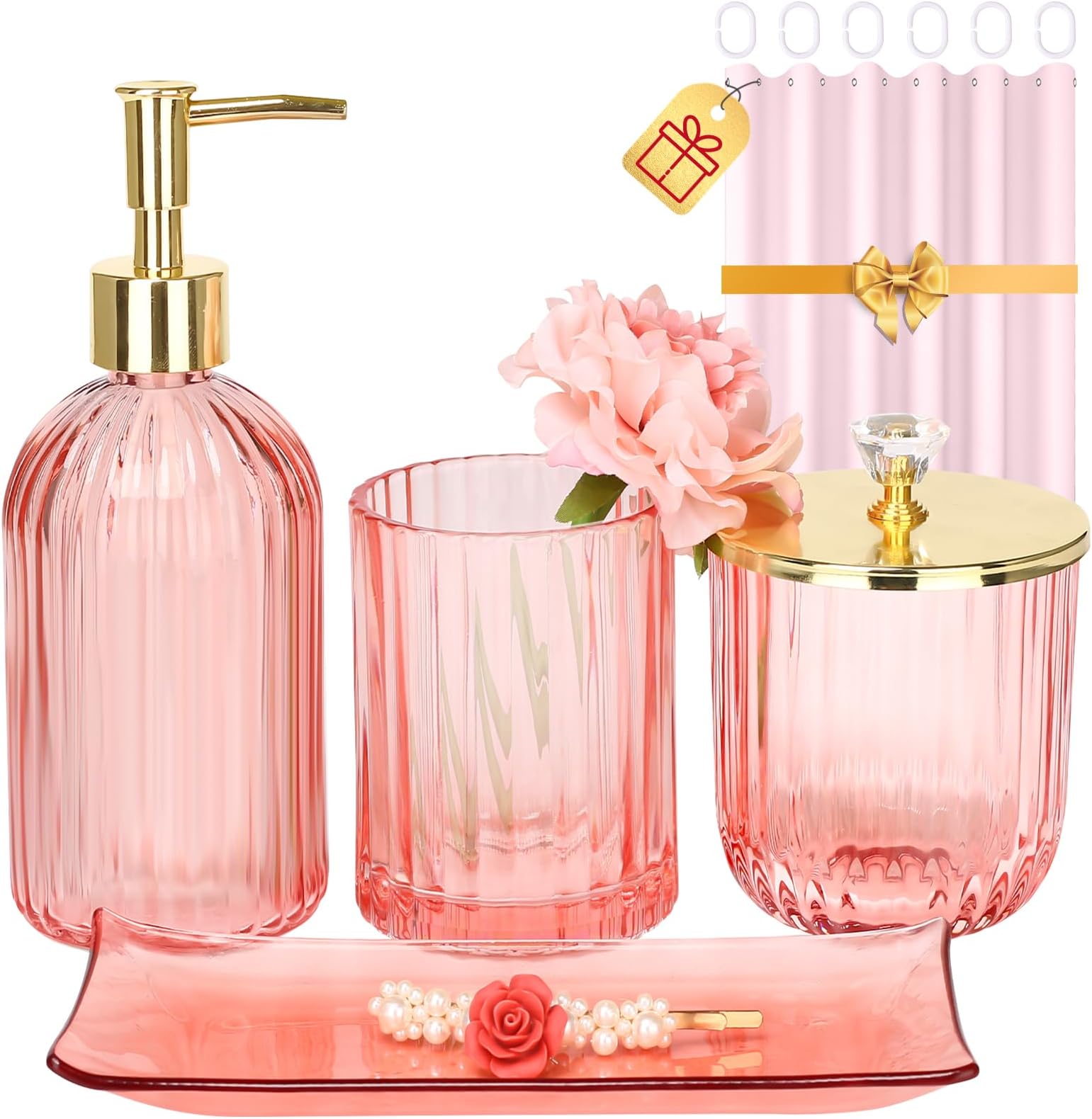 Haturi Pink Bathroom Accessories Set, 4 Pcs Glass Bathroom