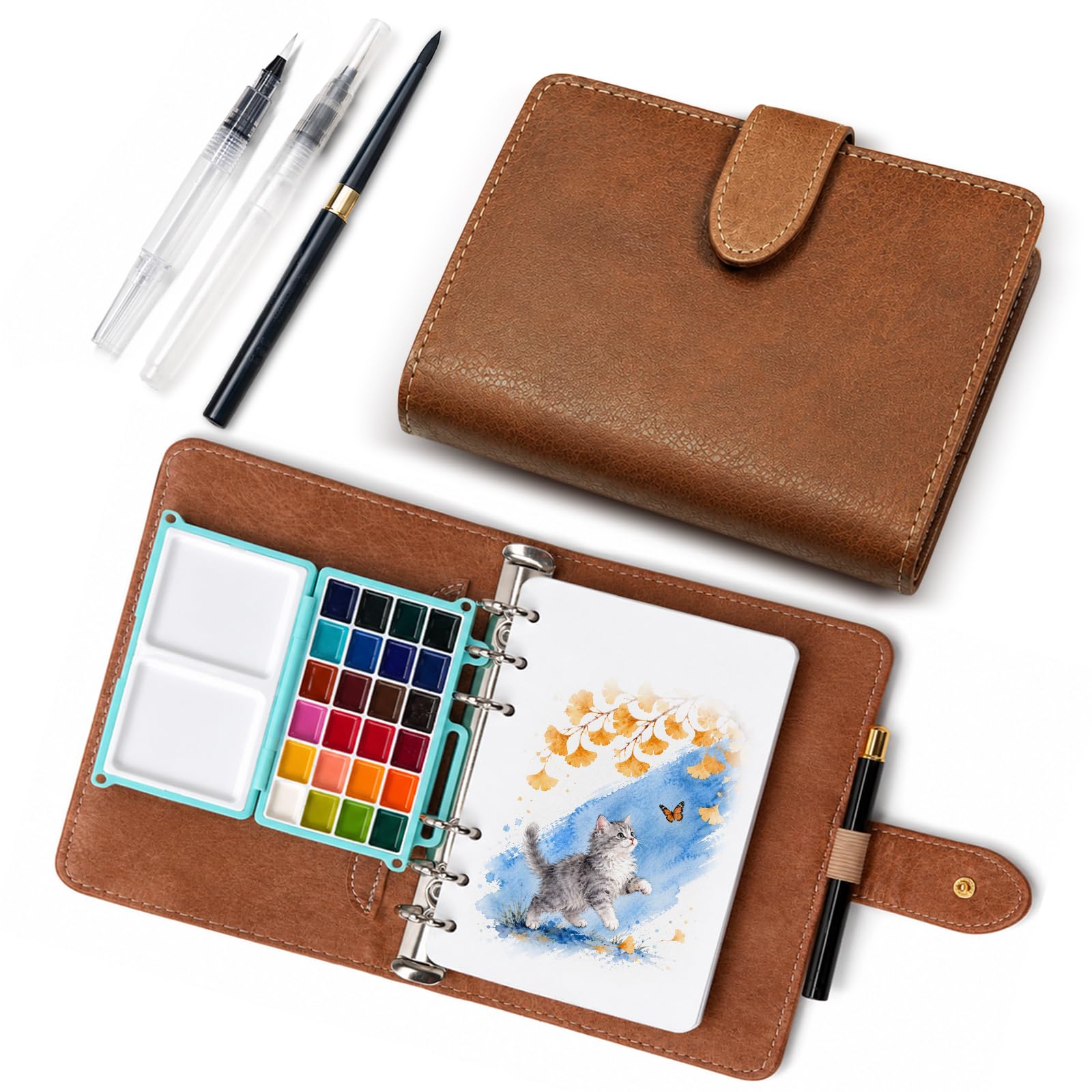 Set di pittura ad acquerello portatile da viaggio, 24 colori, scatola di pittura tascabile, 17,8 x 13 cm | 40 fogli di carta di cotone da 300 g/m² e 3 pennelli, album da disegno per artisti, pittura all'aperto e principianti