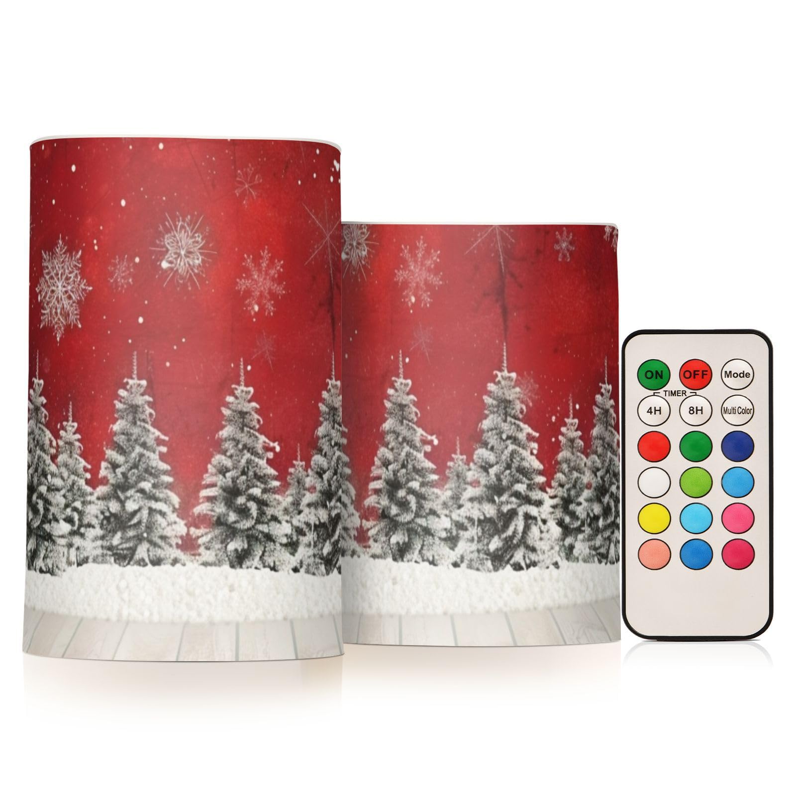 senya Christmas Lights Flameless Candles Christmas Trees Snowflakes Print Pillar Candles Set of 2 Battery Operated Remote Control Warm Lights Home
