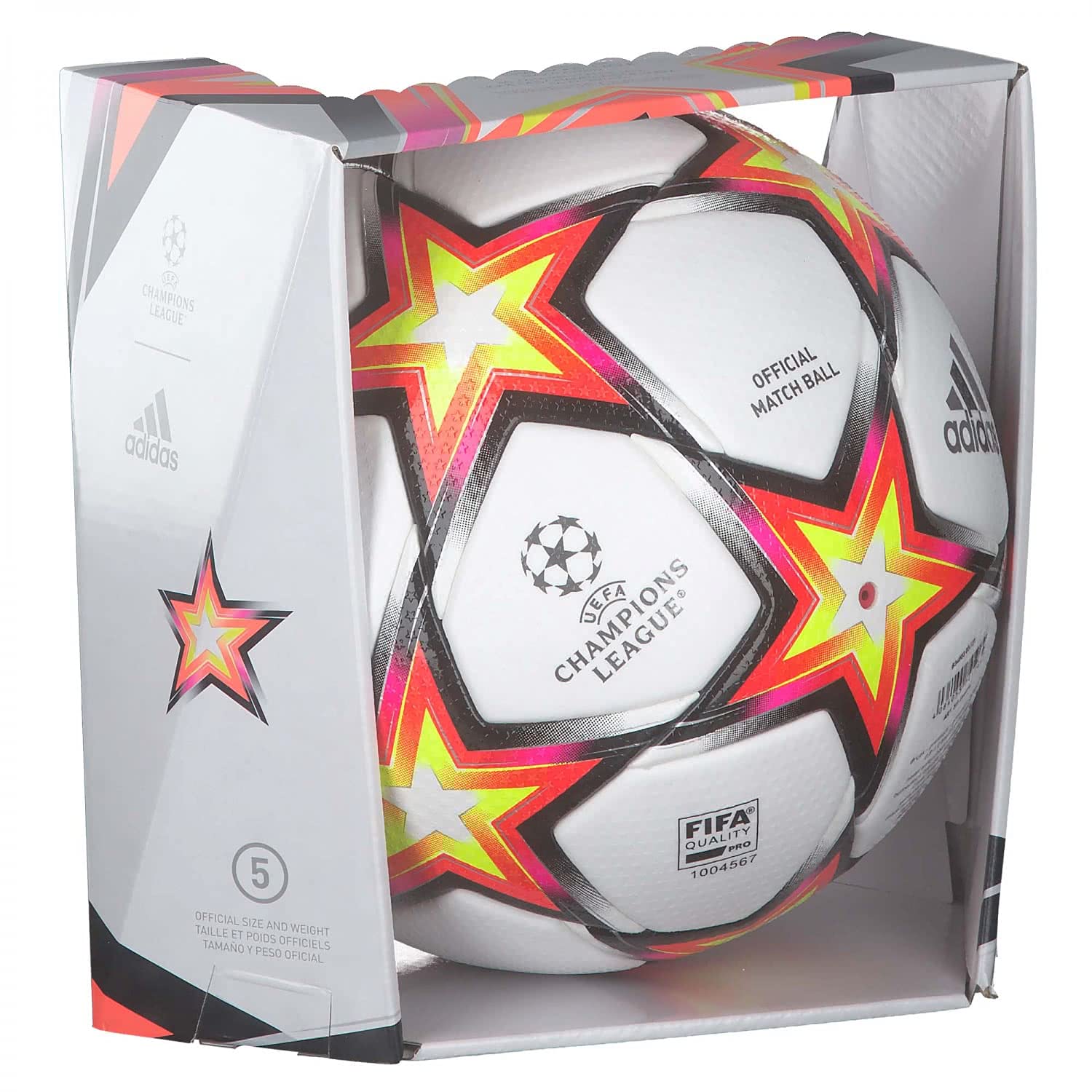 Adidas GU0214 UCL Pro PS Recreational Soccer Ball Unisex Top:White/Solar Red/Solar Yellow/Black Bottom:Shock Pink F18/SILVER Met./Iron Met. 5