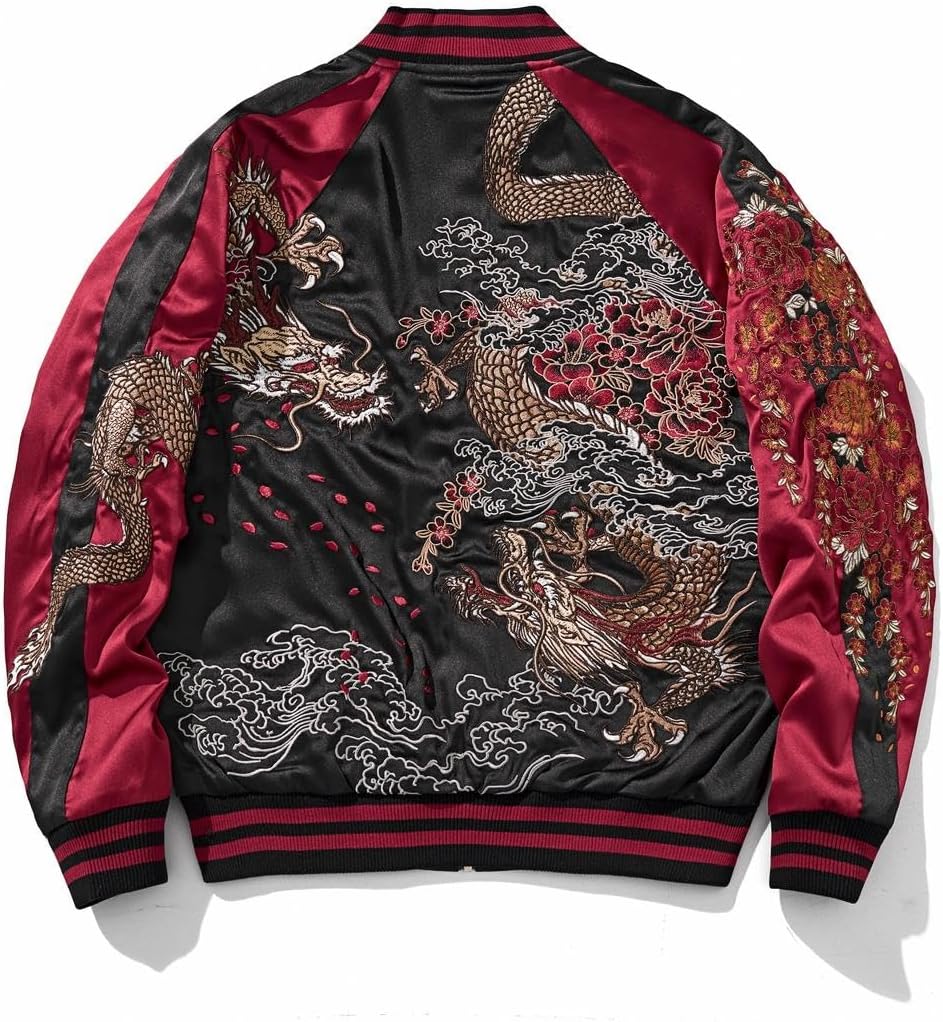 Dragon Embroidered Bomber Jacket Japanese Style Unisex Vintage Streetwear Zip Up Windbreaker Coat for Men Women Red