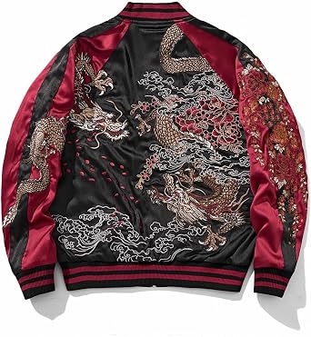 Dragon Embroidered Bomber Jacket Japanese Style Unisex Streetwear Zip Up Windbreaker Coat for Men Women