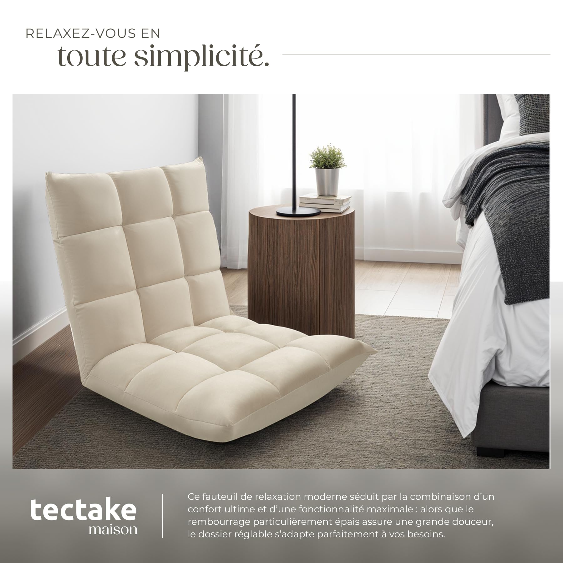 tectake® Fauteuil Relax XXL Velours 2en1 Fauteuil TV & Matelas de Sol Moelleux Chaise Longue de Relaxation & méditation Fauteuil Salon Confortable avec Dossier inclinable Chambre, Allaitement