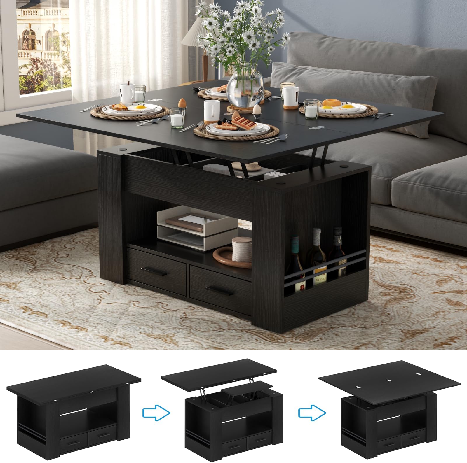 Lift Top Coffee Table, 4 in 1 Multi-Function Coffee Table with Storage Shelf and Hidden Compartment, Center Table with Large Drawers, Converts to Dining Table for Living Room, Home Office (Black)