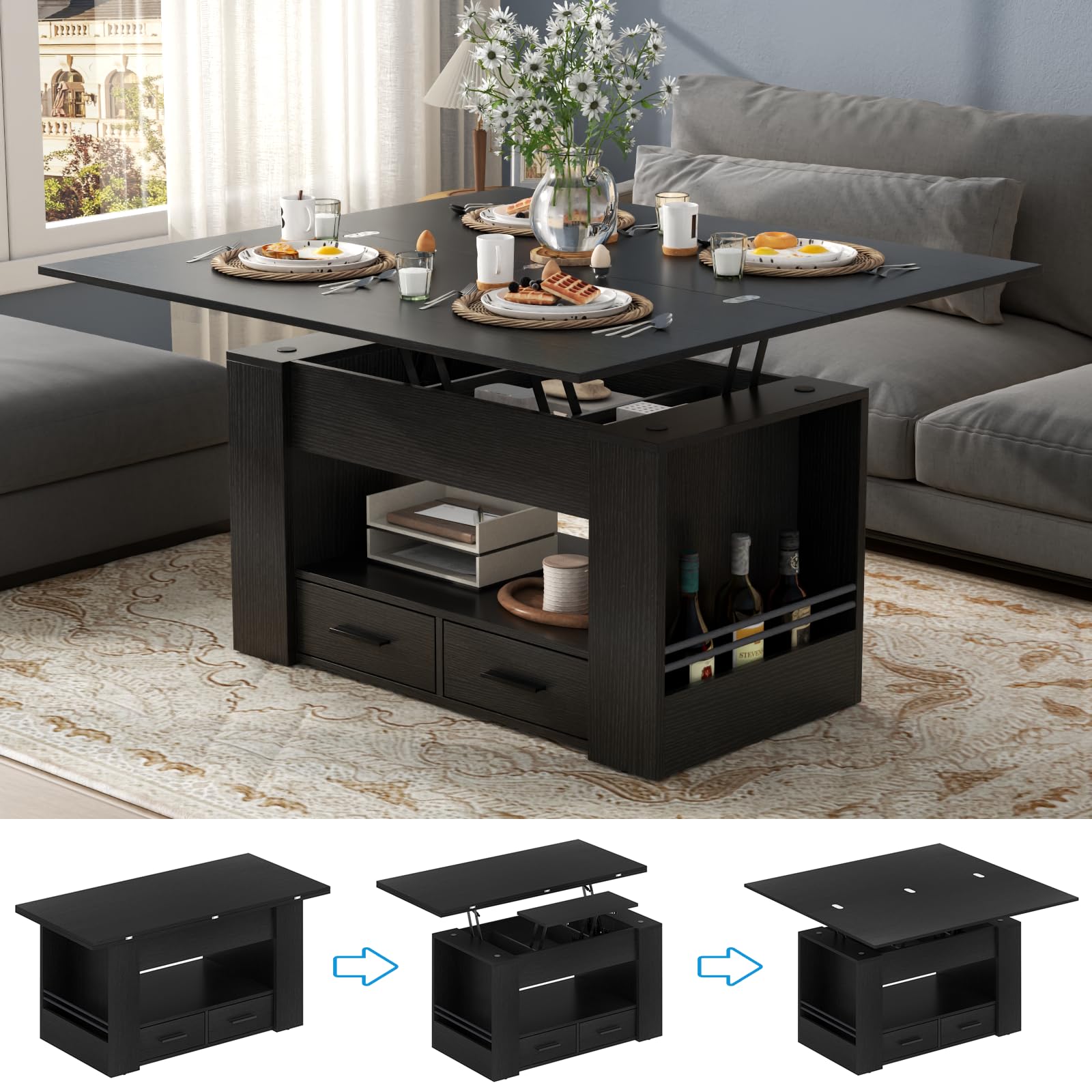 Lift Top Coffee Table, 4 in 1 Multi-Function Coffee Table with Storage Shelf and Hidden Compartment, Center Table with Large Drawers, Converts to Dining Table for Living Room, Home Office (Black)