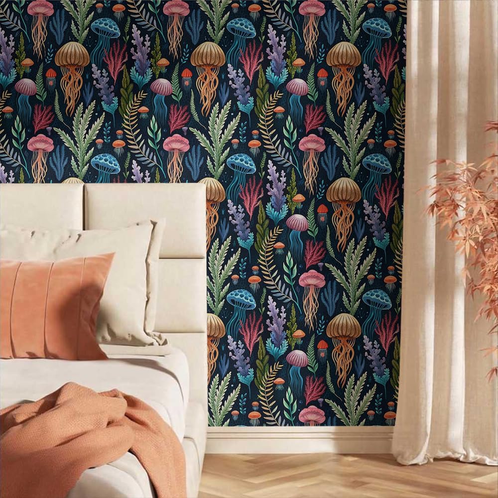 18"x236"Underwater Multicolor Jellyfish Ocean Peel and Stick Self Adhesive Wallpaper Removable Contact Paper Stick on Easy Peel Off Wall Paper for Kitchen Bedroom Bathroom Renter