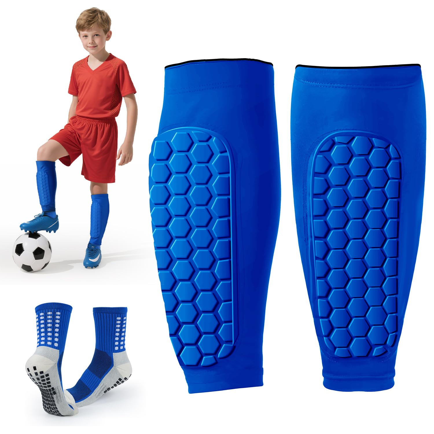 Schienbeinschoner Kinder Fussball,Großflächige Passform am Schienbeinschoner, atmungsaktiv und leicht. Mit Silikon-Fußballstrümpfen zur Vermeidung von Rutschgefahr