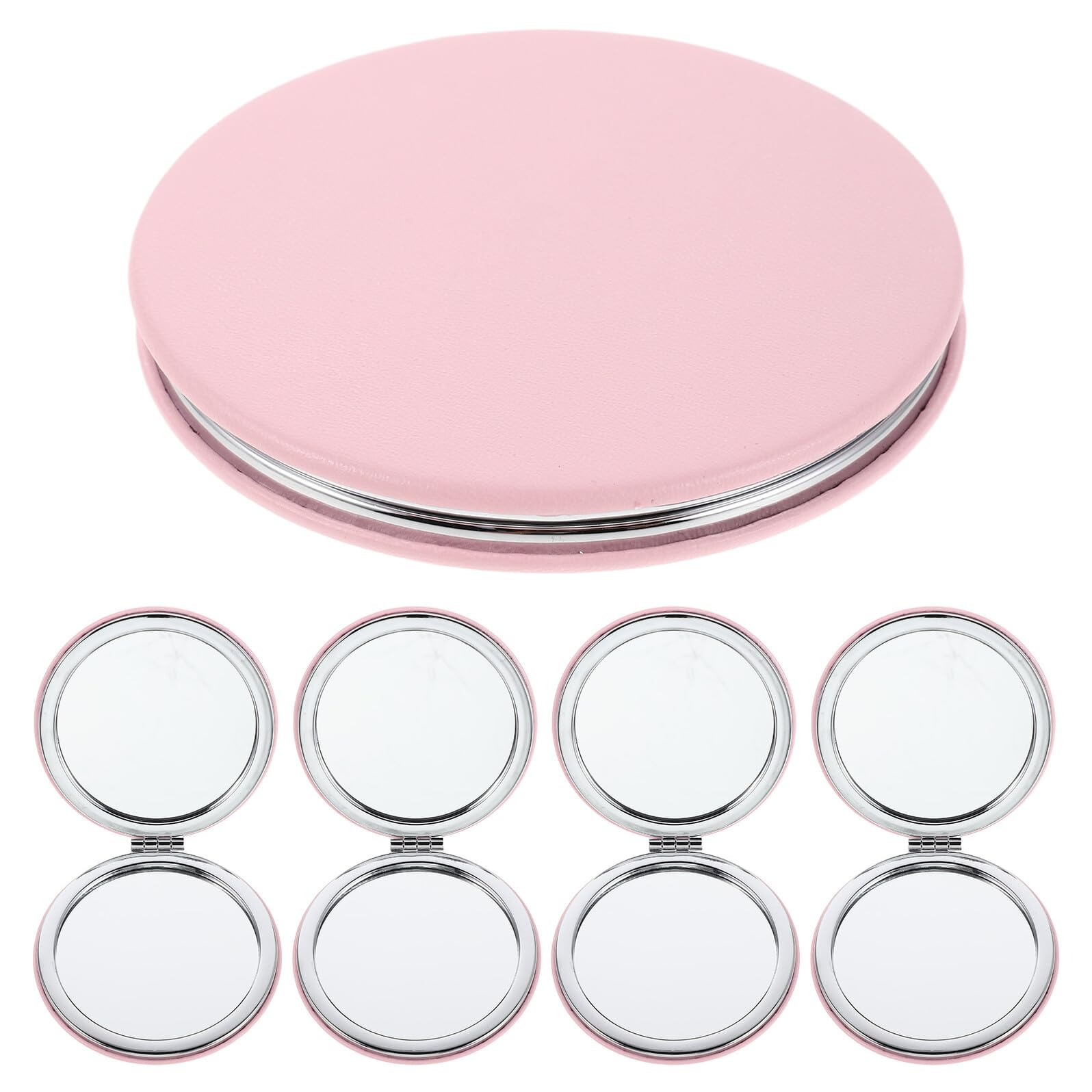 Juego de 5 Espejos Redondos Compactos de Maquillaje Plegables y Portátiles Doble Cara y Marco de PU Rosa Mini Espejo para Bolso y Viaje Adecuado para Retoques Oficina y Uso