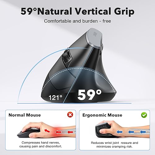 Miniatura 4 de Uineer Ratón vertical, mouse ergonómico inalámbrico Bluetooth con 5.04.0 y 2.4 GHz, comodidad de larga duración para uso en la oficina y el hogar