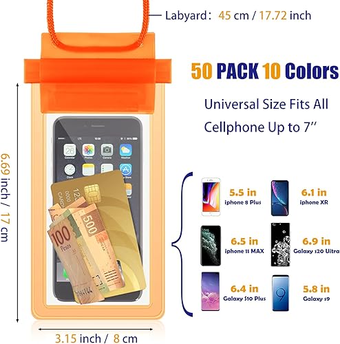 Miniatura 2 de Flutesan Paquete de 50 bolsas transparentes impermeables para teléfono, funda universal impermeable para teléfono, bolsa seca con cordón para