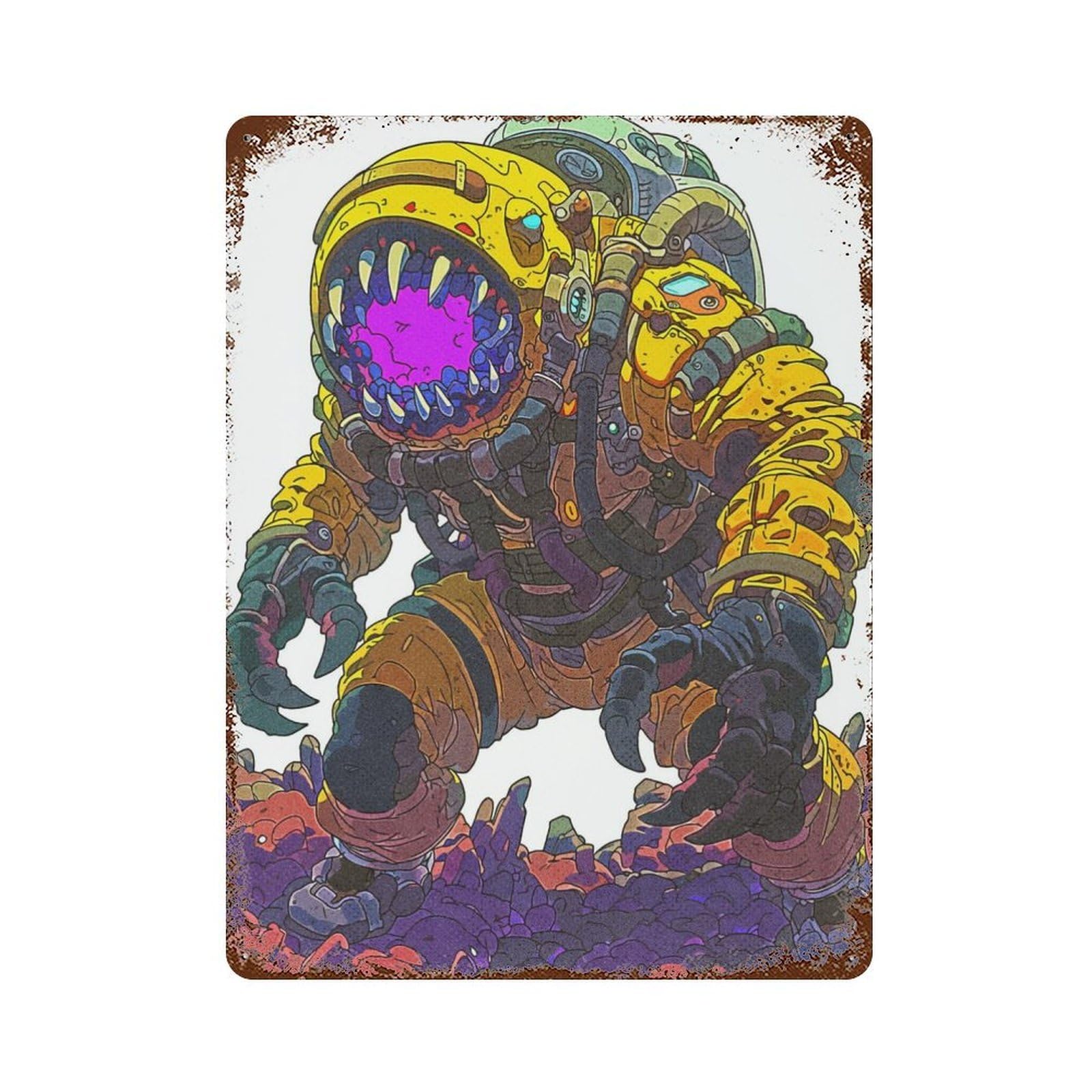 Garage Style Astronaut Alien Rust Effect Tin Sign 15.7"x11.8", Industrial Home Decor for Bar And Workshop