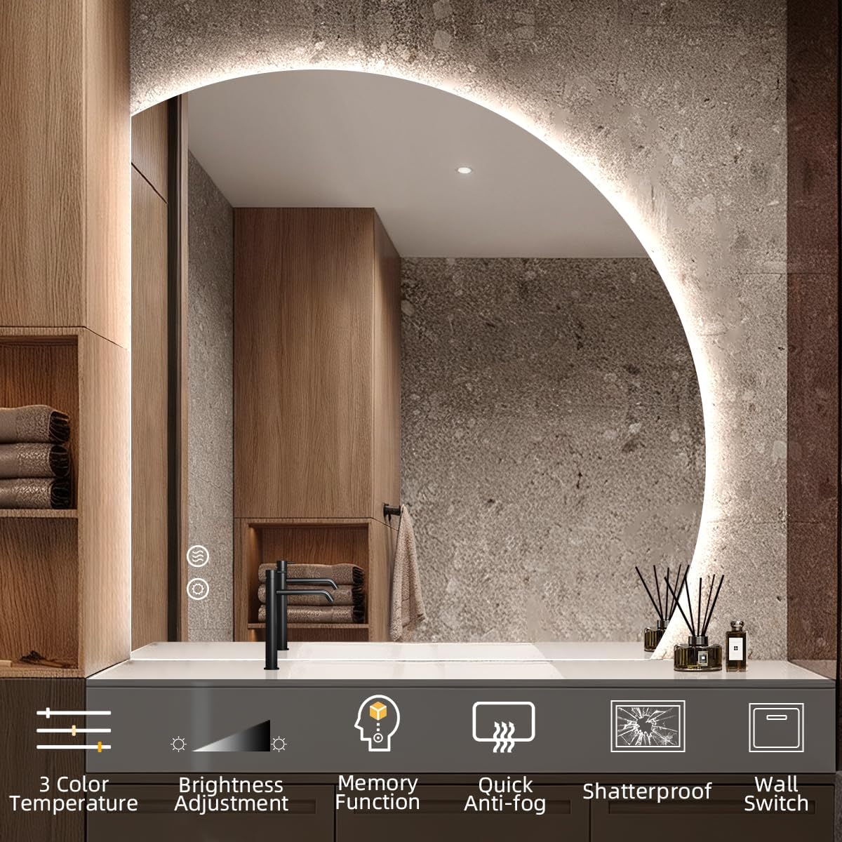 36" x 36" 1/4 Round LED Mirror for Bathroom, Backlit Lighted, Irregular 1/4 Round Lighted Mirror for Wall, Frameless Mirror for Vanity, Anti-Fog, Dimmable, UL-Listed, CRI 90+