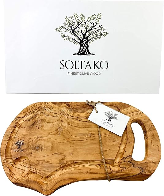 SOLTAKO Chopping Board, Olive Wood Cutting Board, Handmade Cheese Board, Olive Wood Serving Platter, Serving Board with Juice Groove, Sturdy Wooden Chopping Boards (Approx. 35-38x17-19cm)