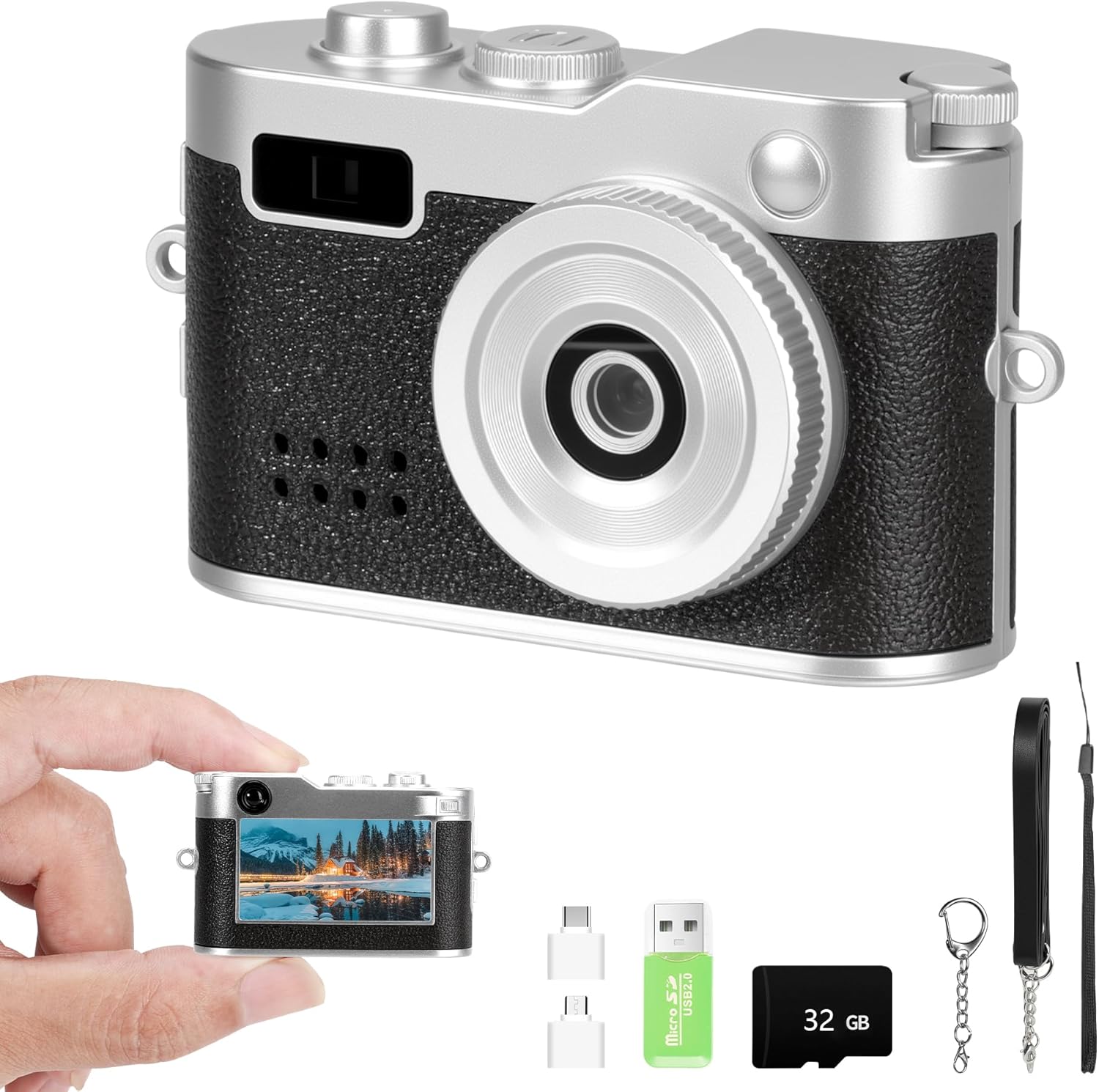 Mini Keychain Camera, FHD 1080p Mini Digital Camera with 32GB SD Card, Flash, 6 Creative Filters, 0.96" HD Display, 100 Mins Battery Life for Travel Recording Birthday Gifts (Vintage, Dark)