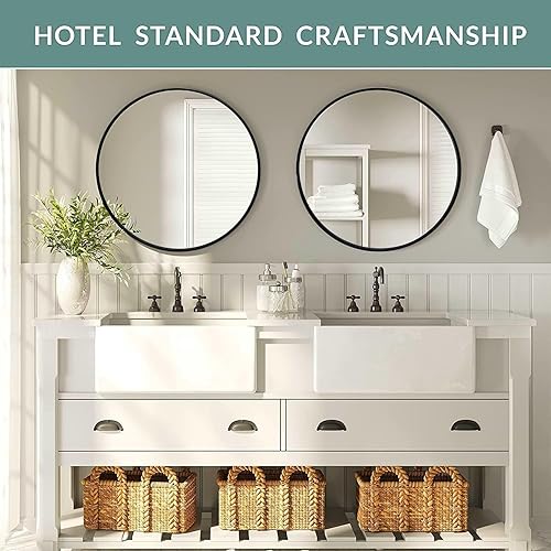 Miniatura 2 de PROHOMEWARE Espejo redondo negro de pared de baño, espejos circulares de 29 x 29 pulgadas para pared, espejos de baño para tocador, espejo de marco
