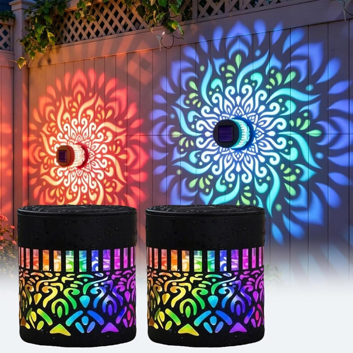 LexTex Mandela Solar Garden Wall Lights, Seven-Color Changing Solar Mandala Projection Fence Light, Waterproof Metal Decorative Lamp for Yard Garden Post Patio Backyard Decor(2pcs)