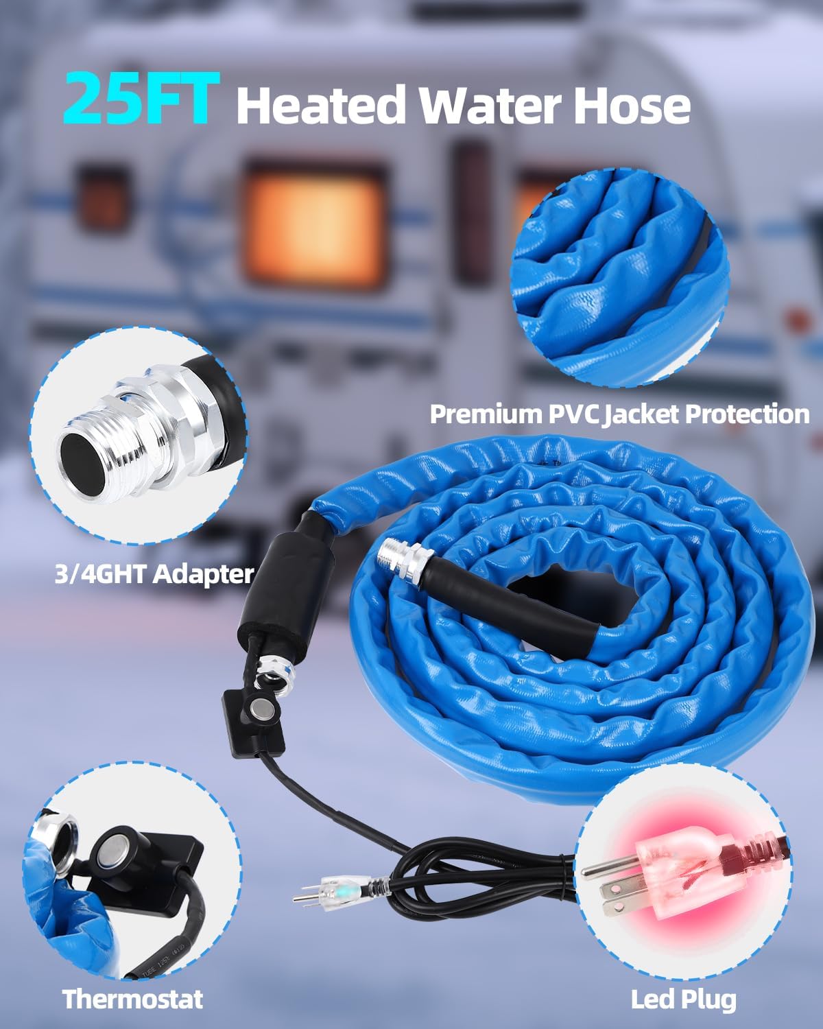 MIROZO Heated Water Hose 25FT for RV,-40 ℉ Freeze Protection Heated Drinking Water Hose with Energy-Saving Thermostat,for RV,Garden,Home,Camper