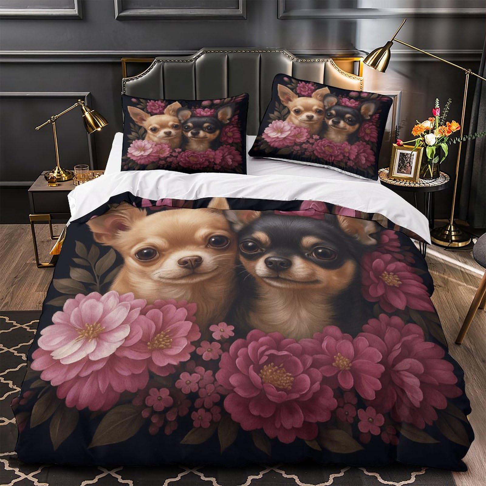 MMDASBVPE Chihuahua Puppies Comforter Cover 3D Print Hypoallergenic 3PCs Bed Linen Hidden Zipper floral Duvet Cover Extra Soft Machine Washable for Teens Youth Adults Women Kids Boys King（220x240cm）