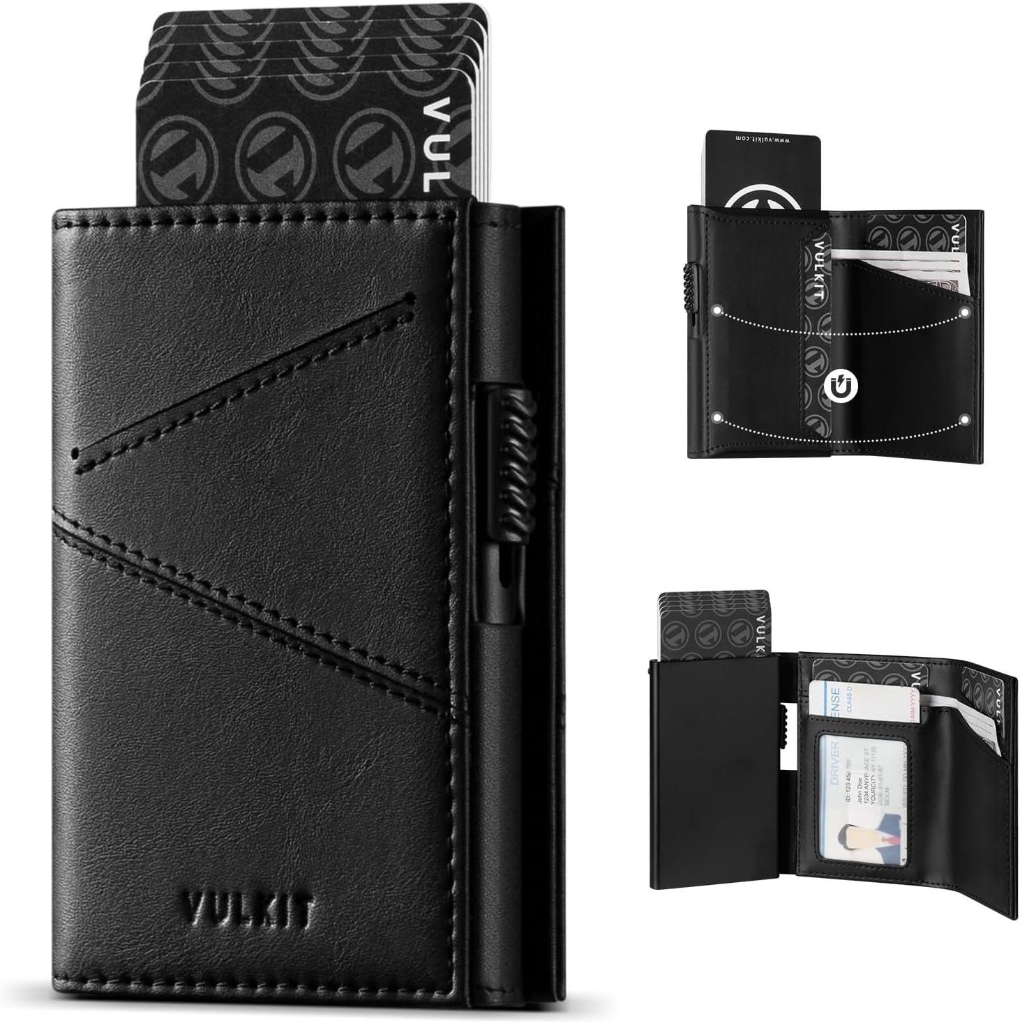 VULKIT Trifold Pop Up Men Wallet Leather RFID Blocking Credit Card Holder Metal Card Case, Hold 10 Cards and Bills, Black, Minimalist