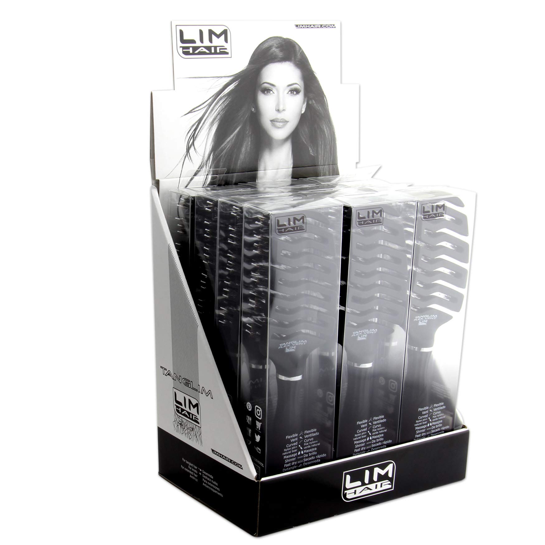 Cepillo LIM HAIR TANGLIM FLEX VENT DISPLAY 12 un. Estructura flexible y ventilada. Púas NATURAL 100% + pin nylon. estimula cuero cabelludo, desenreda, da brillo al cabello