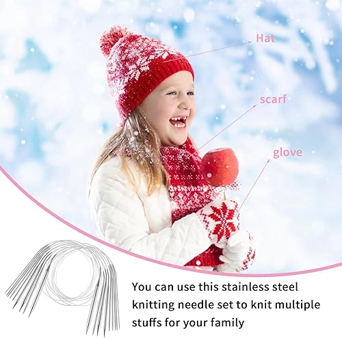 Miniatura 6 de Juego de 9 agujas de tejer circulares de acero inoxidable de 0.098-0.394 in de diámetro, doble punta de metal, agujas de tejer para hacer suéter,