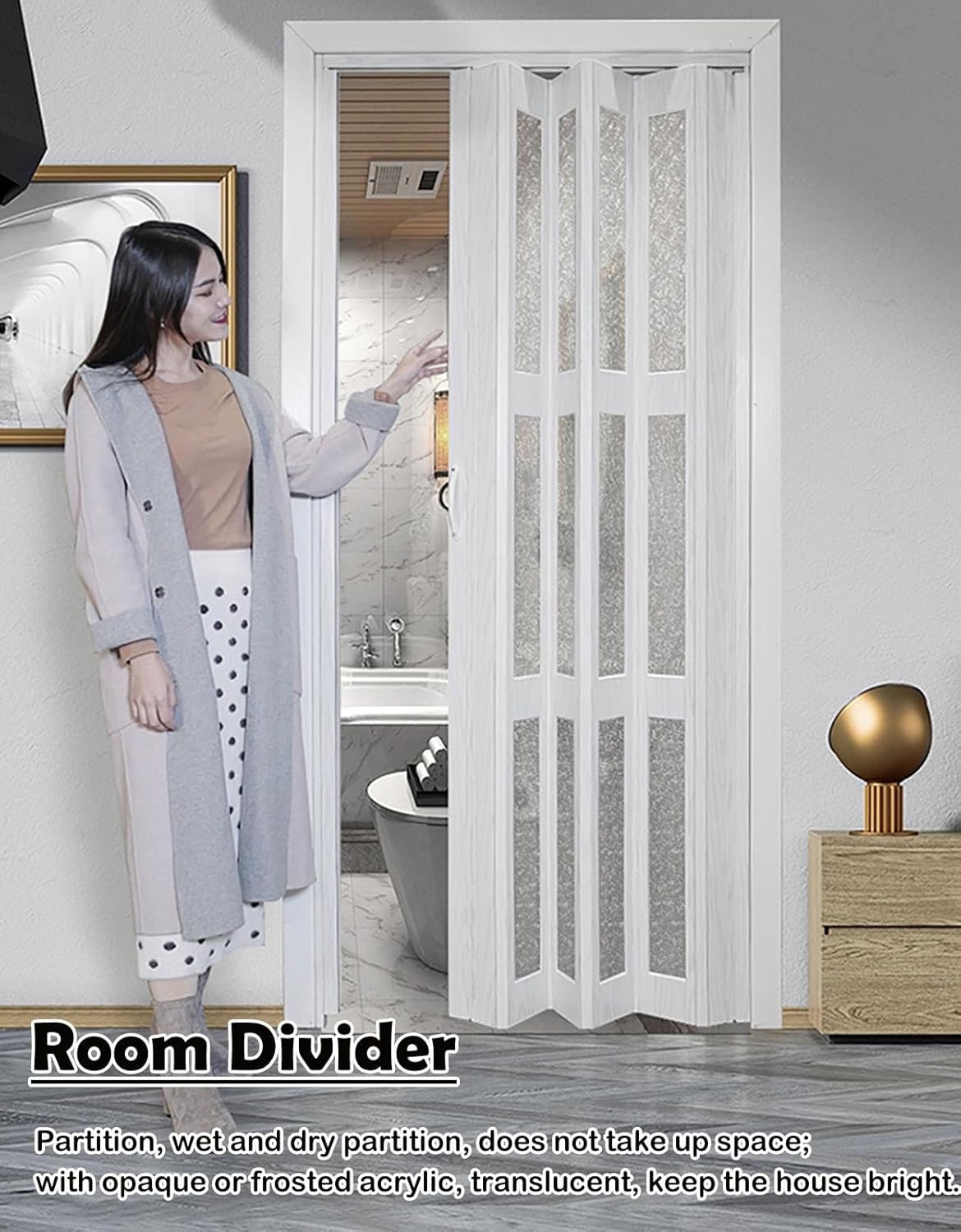 Retractable Accordion Door - No-Drill Folding Room Divider with Aluminum Frame & Acrylic Panel, Ideal for Bathroom & Kitchen (26x40in / 66x101cm)