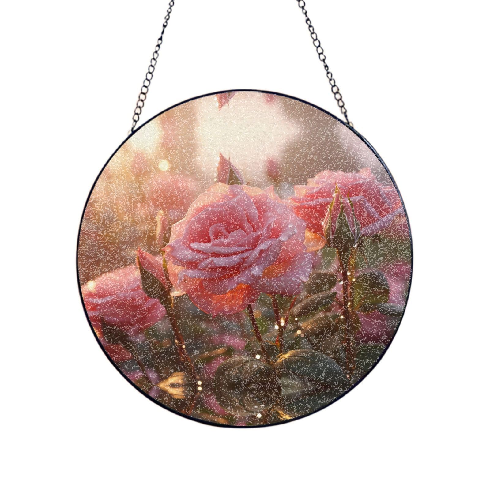 Phayah Rose Print Glass Window Hanging Sun Catchers Suncatcher Decor For Birthday For Home Garden Porch 6in（15cm）