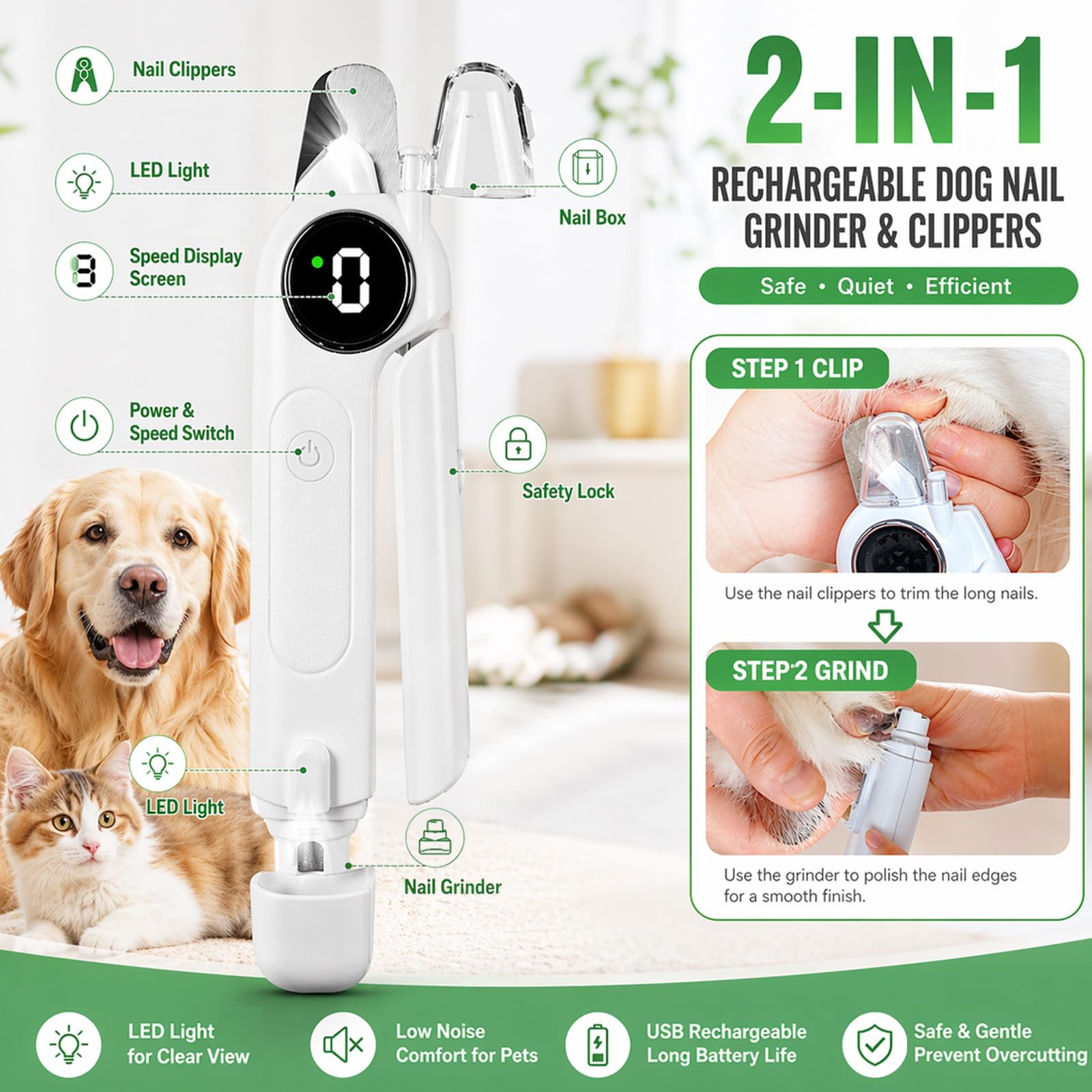 2-in-1 Krallenschere für Hunde mit Licht & Schleifer, LED Krallenschneider für Hunde & Katzen, Krallenschleifer für Hunde 3 Modi, Leise, Auffangbehälter, USB-C, Nagelknipser Haustiere