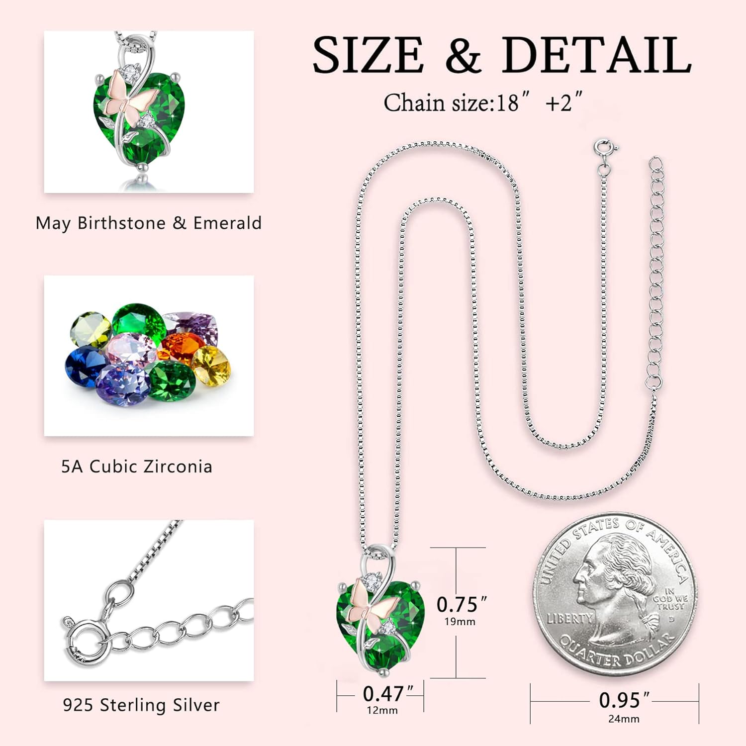 Butterfly Heart Necklaces for Women, 925 Sterling Silver 5A Cubic Zirconia Birthstone Pendant Jewelry Gifts, Anniversary Birthday Christmas Gifts for her - Image 5