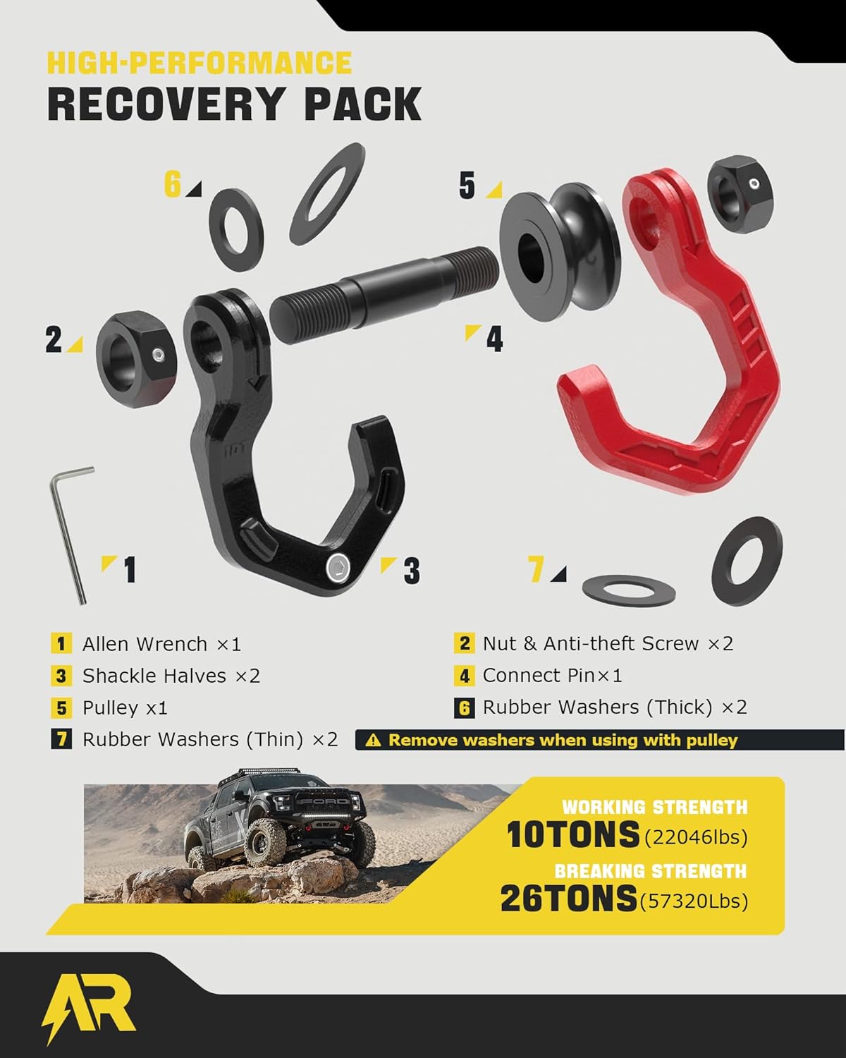 Snatch Block Separate Shackle, 3/4" D Ring Shackle with Pulley, 57320lbs Break Strength, Towing Winch Snatch Block for Off Road Vehicle Recovery, Red Black 1-Pack - Image 4