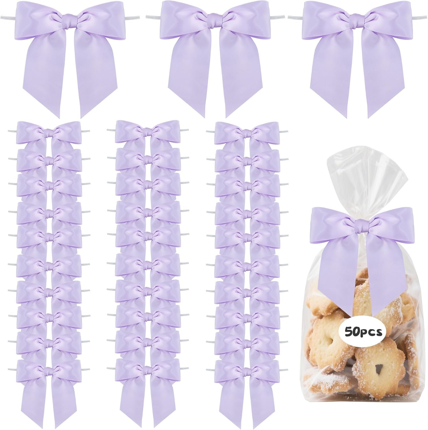 TONIFUL 50pcs Lighte Purple Satin Ribbon Bows with Twist Tie 4.5 Inch Decorative Bows for Gift Wrapping Treat Bags Crafts Bottles Christmas Tree Wedding Baby Shower Birthday Party Decorations — image 1