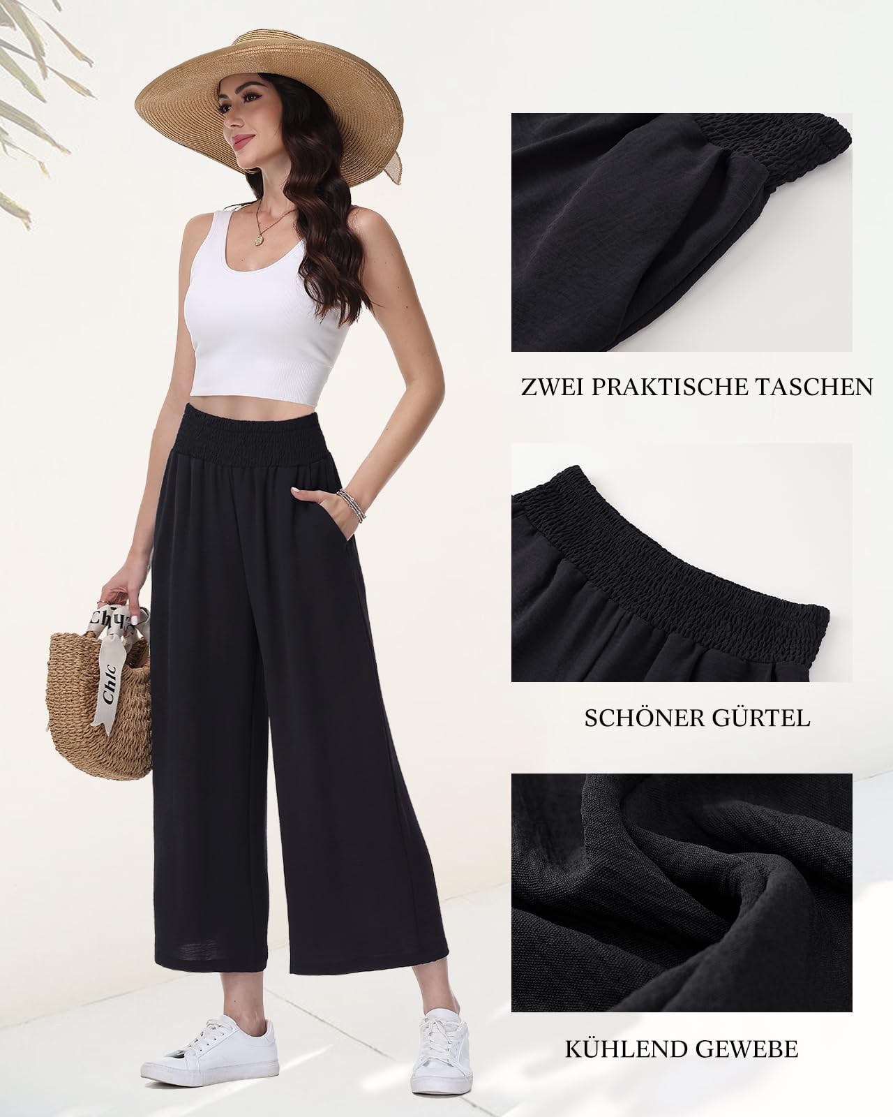 HMIYA Damen 3/4 Culotte Hose Leichte und Luftig Sommerhose Weites Bein Stoffhose