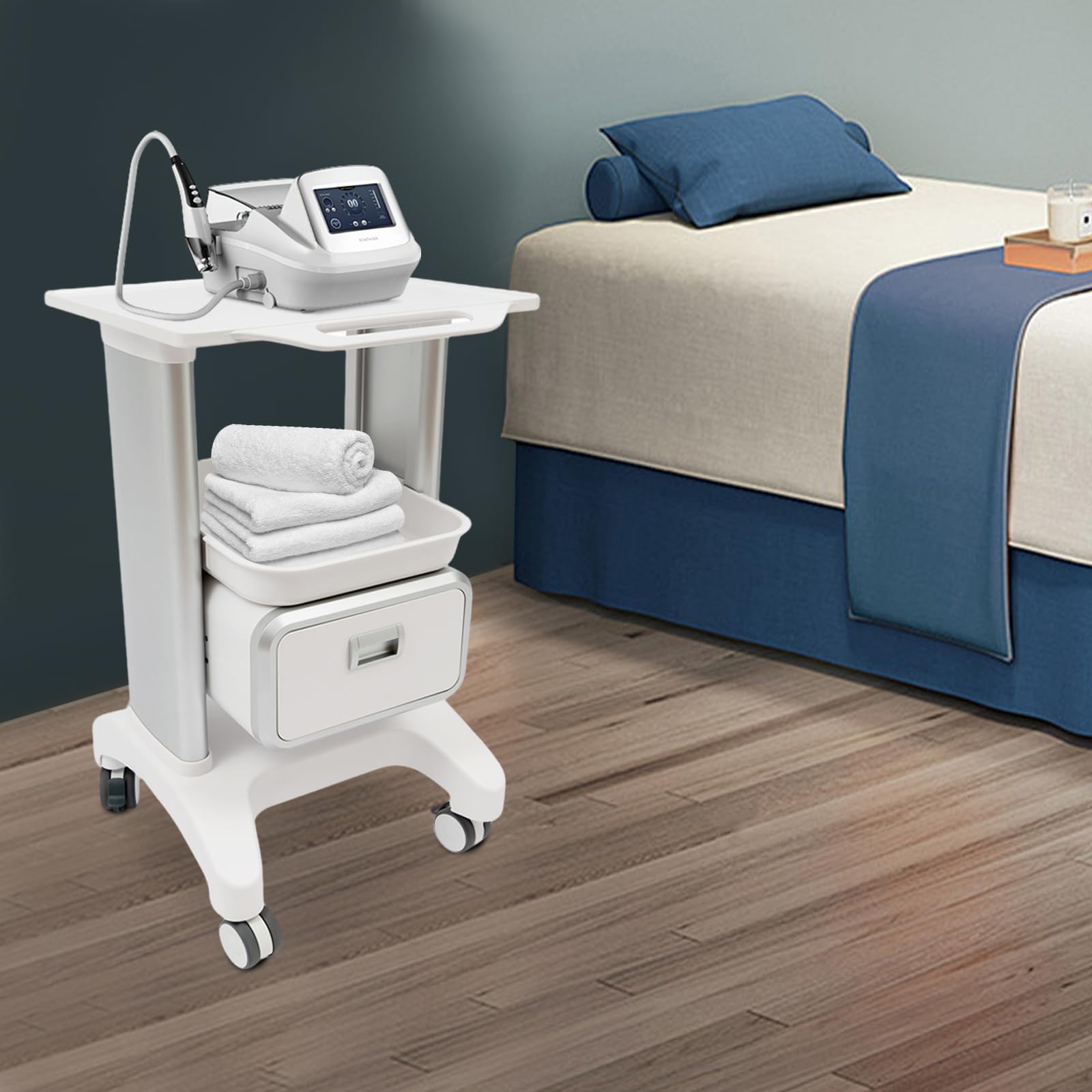 Carro médico con ruedas Carro móvil para instrumentos cosméticos Carro de herramientas con ruedas Material ABS 100kg Capacidad de carga 4 Ruedas universales 2 con frenos 1 cajón 2 tabletas