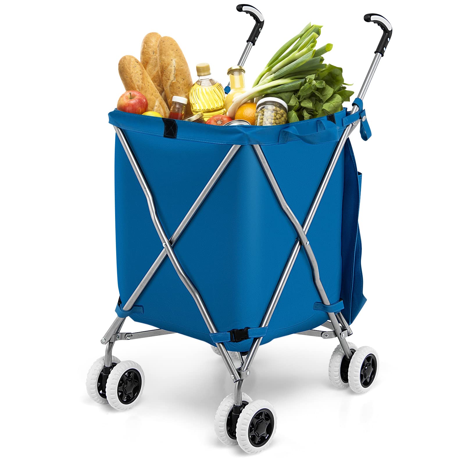 GYMAX Chariot de Courses Pliable, Caddie de Courses en Métal avec Sac 90L, Charge 55KG, Chariot à roulettes Portables pour Shopping/Supermarché/Camping